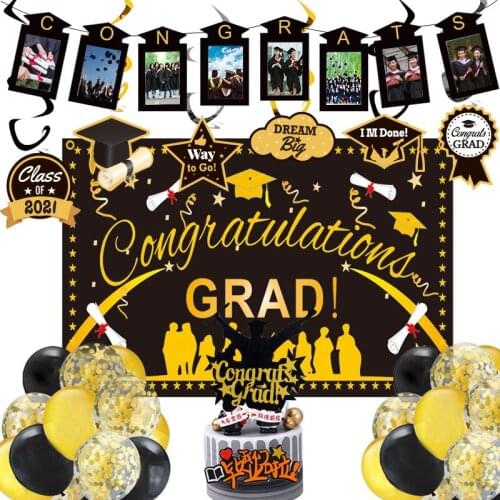2021 Gold Black Congrats Graduates Theme Hanging Swirls Backdrop Happy Graduation Party Decorations Supplies Banner Balloons Set
