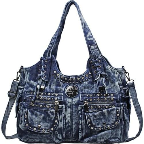 2021 New Fashion Women Jeans Handbags Ladies Retro Shoulder Crossbody Bags Big Tote Bag Rivets Studded Denim Bolsa Feminina