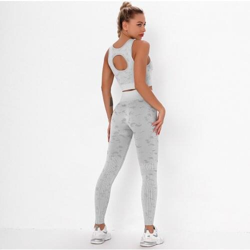 Hot-selling seamless knitted jacquard camouflage line hip-lifting yoga pants sports bra fitness suit workout for women