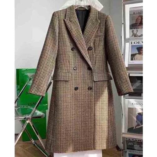 Long 2021 Wool Winter Coat Women Vintage Houndstooth Double Breasted Sleeve Patchwork Outwear Female Long Overcoat
