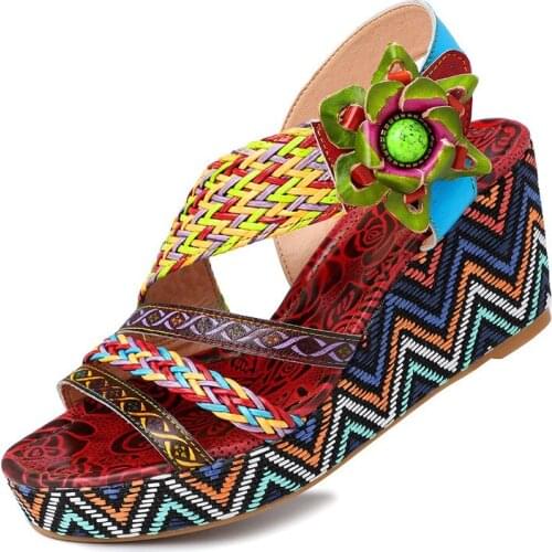 Elegance women sandals Printing Flower Vintage Hollow Out Chunky Heel Bohemian Genuine Leather Wedges High heels 5CM Women Shoes
