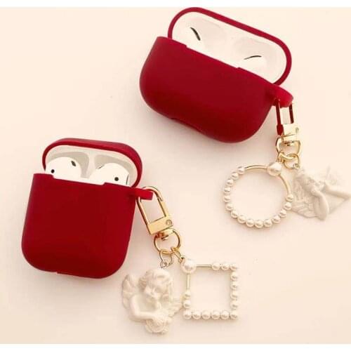 INS Luxury Angel Pearl Keychain Decor Wine Red Earphone Box For Apple Airpods Pro 3 Case for AirPods Protect Cover Shell Cute