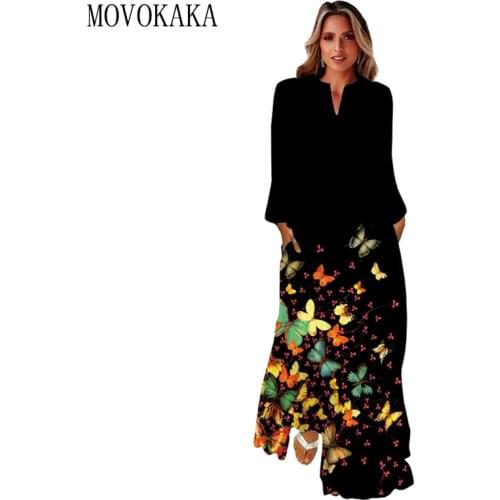 MOVOKAKA Butterfly Print Autumn Black Dress 2021 Long Sleeve Beach Casual Plus Size Dresses Woman Elegant Girls Long Dress Women