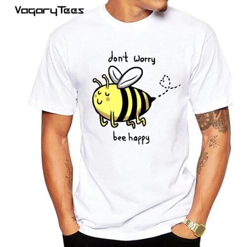 Newest 2020 Happy Bee T Shirt Summer mens Relaxed Fit White Printed T-Shirt High Quality Casual Short Sleeve Tee Tops