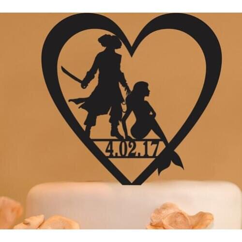 Personalized date Pirate and Mermaid Couple wedding Cake Toppers bride groom engagement bridal shower party decorations