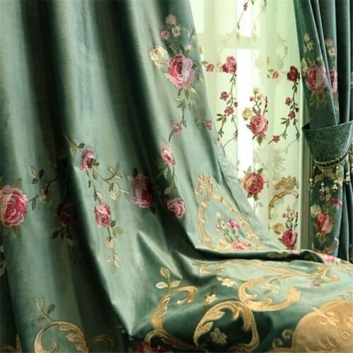 Luxury Green velvet curtains for Living Room bedroom High-end embroidered floral tulle curtain sheer window treatment