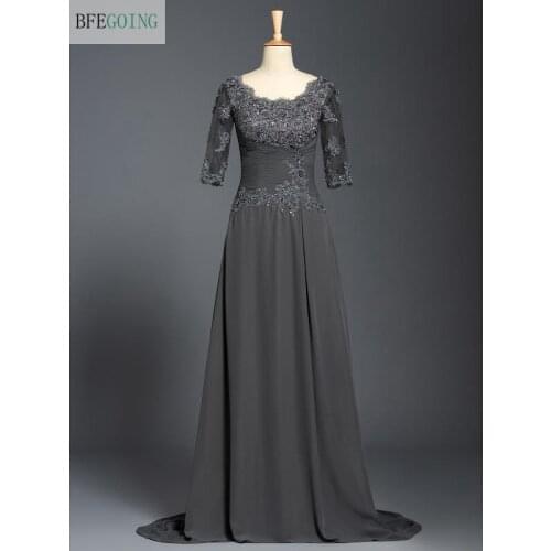 Grey Chiffon Lace Beading Half Sleeves Floor-Length Wedding Mother Of The Bride Dresses Custom Made