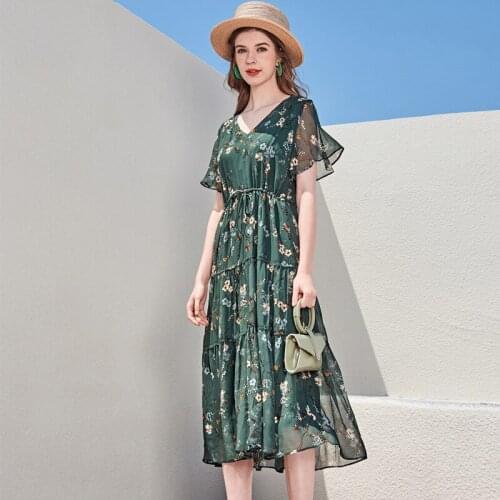Silk printed dress wholesale summer new Hangzhou silk womens V-neck Short Sleeve Silk Dress