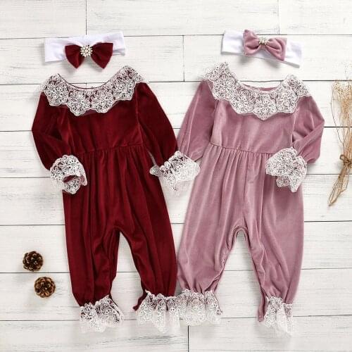 Spring Newborn Infant Baby Girls Long Sleeve Lace Velet Ruffle Jumpsuit Headwear Party Costume Outfits Set Clothes Costume#p4