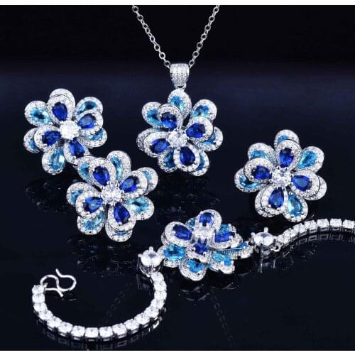 QTT Brilliant Flower Women Wedding Jewelry Sets Blue Zirconia Summer Accessories Bracelet Necklace Earrings Ring Set