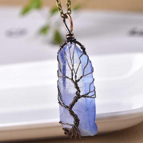 1PC Fashion Natural Raw Gemstone Tree Of Life Pendant Handmade Pendant Necklace Reiki Health Amulet for Girl Womans Charm Gifts