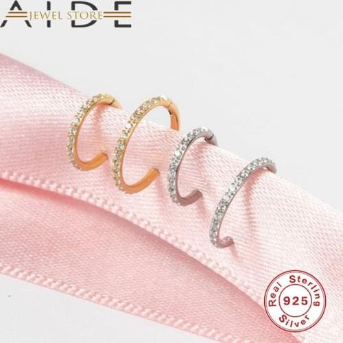 Aide 100% S925 Sterling Silver Hoop Earrings For Women Girls Bling Cubic Zirconia Ear Bone Earlobe Piercing Buckle Fine Jewelry