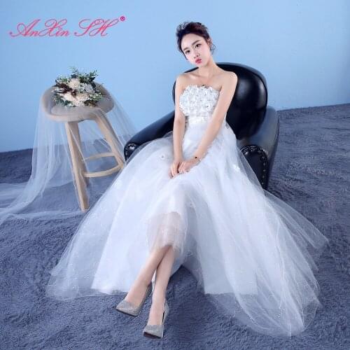 AXJFU princess little flower lace white wedding dress party vintage o neck strapless sleeveless illusion ball gown wedding dress