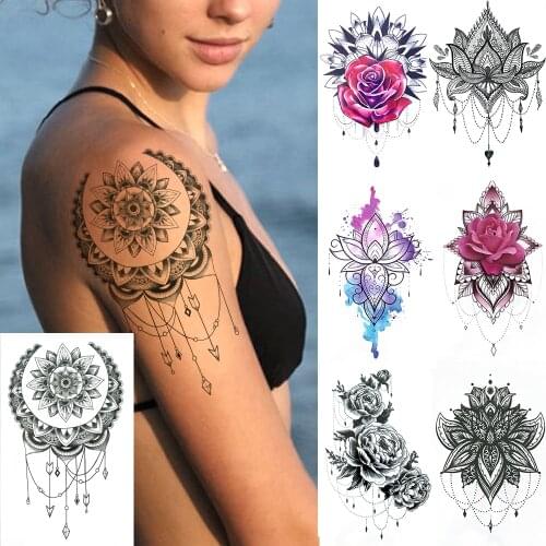 Mandala Henna Flower Temporary Tattoos For Women Girls 3D Watercolor Rose Lotus Fake Tattoo Sticker Pendants Tatoo Chest Jewelry