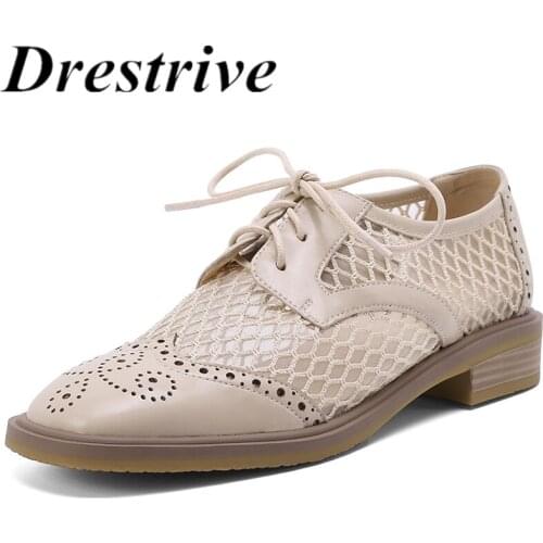 Drestrive Women Pumps Low Heels Square Toe Lace Up Hollow 2021 New Arrival Summer Casual Shoes Split Leather Pacthwork
