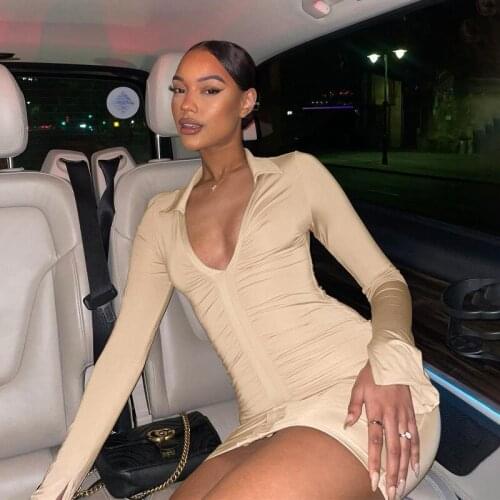 DSMTRC Long Sleeve Fall Spring Sexy Clubwear Birthday Outfit Women Mini Dresses Ruched V Neck Turn Down Collar Skinny Dress