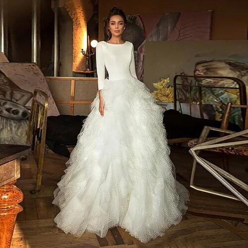 Elegant Satin Top Wedding Dress Skirt Tulle Puffy Long Sleeve Sexy Backless Custom Made Bridal Dresses 2020
