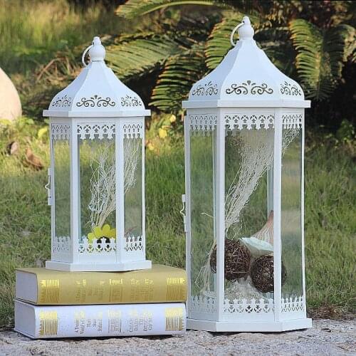 European Style Decor Iron Floor Candlestick Outdoor Wedding Windproof Lamp Retro Courtyard Lantern Large Glass Candlestick