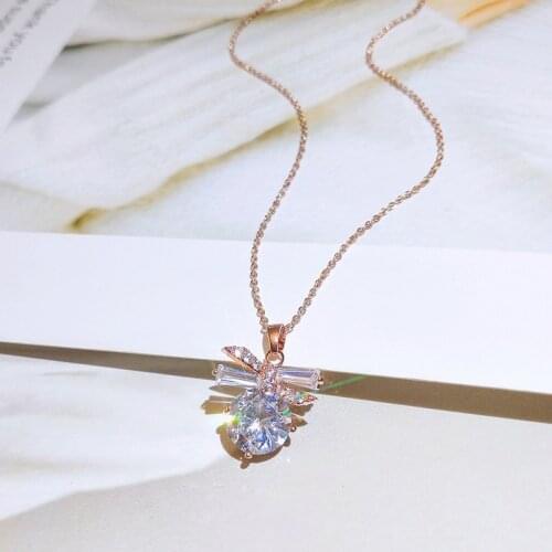 Korea Fashion Silver Cute Bow Crystal Ladies Pendant Necklace Party Valentines Day Jewelry Accessories Butterfly Necklace