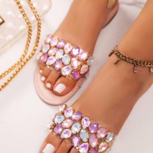 Large size summer new round head flat-shaped rhinestone slippers women flat sandals and slippers