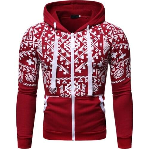 Mens Hooded Sweatshirt Casual Ethnic Print Cardigan Jacket Coat Long Sleeve Slim-fit Thick Hoodies With Pocket