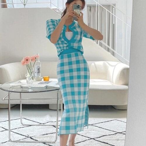 ZAWFL Autumn Knitted 2 Piece Set Women Single-breasted Sweater Cardigan Tops + Side Split Skirts Sets Plaid Two Piece Suits