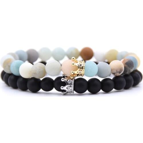 2pcs 8mm Natural Stone Beads His and Hers Couple Bracelets Crown Bracelets For Lovers Handmade Pulsera