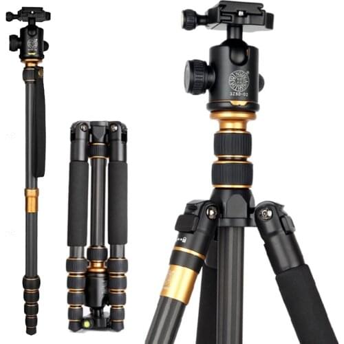 QZSD Q666C Carbon Fiber Professional Camera Tripod Video Monopod Extendable Travel Tripods with Ballhead and Quick Release Plate