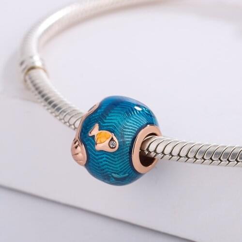 925 Sterling Silver Blue Enamel Shimmering Ocean Waves & Fish Pendant Charm Bracelet DIY Jewelry Making For Original Pandora