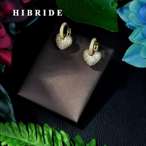 HIBRIDE Heart Hoop Earrings Micro Zircon Pave Gold-color Women Trendy Jewelry Brincos Bridal Gifts E-388