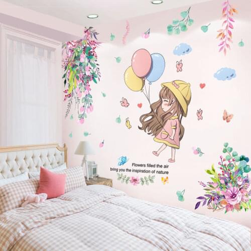 [shijuekongjian] Cartoon Girl Balloons Wall Stickers DIY Flowers Leaves Mural Decals for Kids Rooms Baby Bedroom Home Decoration