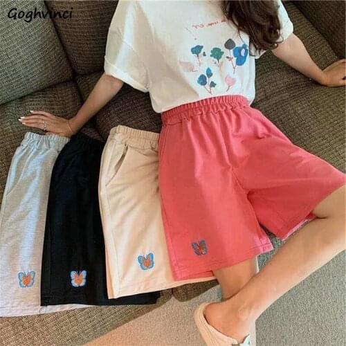 Shorts Women All-match Summer Fashion Butterfly-embroidery Ulzzang Loose Workout Leisure Solid Color Elastic Waist Half-length