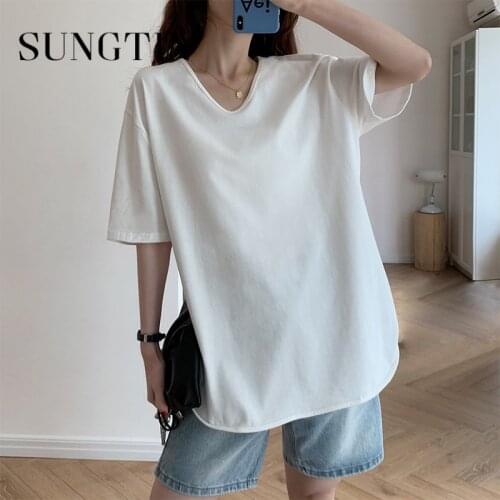 Sungtin Solid Loose Split Short Sleeve T Shirts Women Basic O Neck Cozy White Tees 5 Colors Summer Fashion Long T Shirt Female