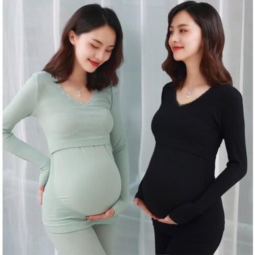 Pregnant Clothes Suit BreastfeedingThermal Underwear Breathable Soft Comfortable High Elastic Adjustable Waist Maternity Pants