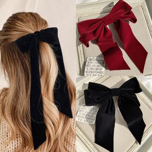 Vintage Black Big Large Velvet Bow Hair Clip For Women Girls Wedding Long Ribbon Korean Hairpins Barrette Hair Accessories