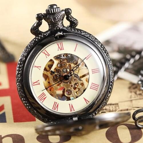 Vintage Steampunk Black Spine Ribs Style Mechanical Pocket Watch Men Hollow Skeleton Clock Roman Pocket Watch With Fob Chain Men