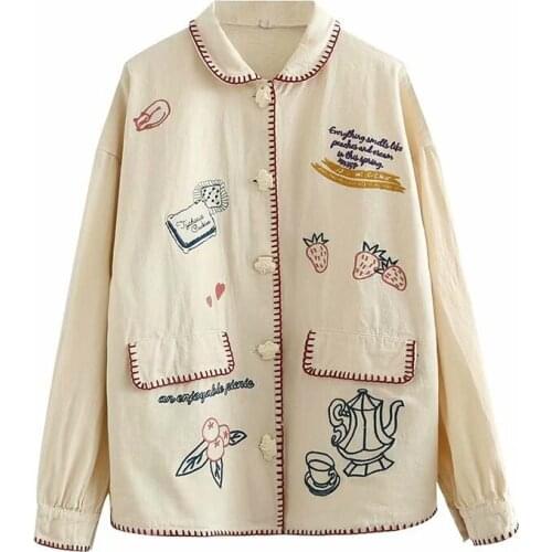 XUANHAO Women Autumn Winter Jacket And Coat Cartoon Embroidery Pockets Basic Jackets Boys Girls Long Sleeve Turndown Jacket