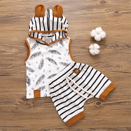 ZAFILLE Baby Boys Clothing Summer 3Pcs Suit Feather Print Infant Romper +Stripe Pants+Hat Newborns Male Baby Clothes Outfits