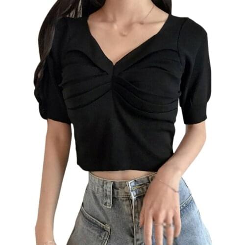 Daxin Womens V-Neck Solid Exposed Tee Korean Style Slim Casual Knitted Short Sleeve T Shirt Female Casual Top Ladies Shirt