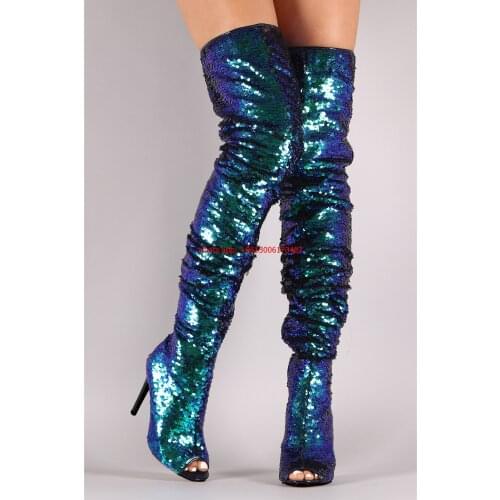 Fashion sequined peep toe stiletto over the knee high heel boots stage performance woman boots whole Sequins thigh high boots