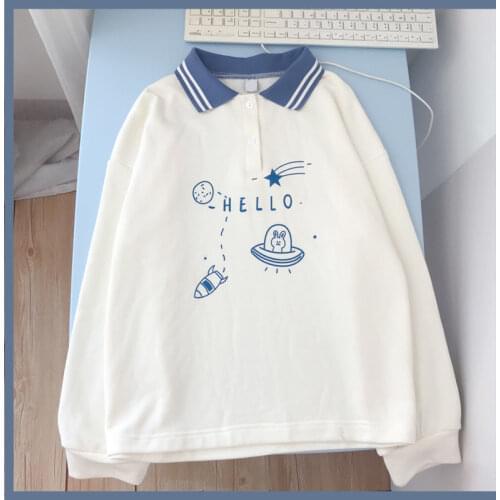 Womens Sweatshirts Korean Long Sleeve Turn Down Collar Kawaii Printed College Retro Loose Casual Sweatshirt Autumn Pullover Chic