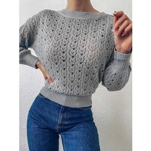 Sweaters Women Spring Autumn Solid Color Hollow Out See Through O-Neck Long Sleeve Pullovers Femme Casual Loose Y2K Knitted Tops