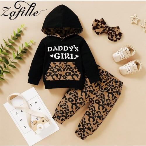ZAFILLE Baby Girl Clothes Set 2021 "Daddys Mommys Girl" Sweatshirt+Leopard Pants+Headband 3pcs Winter Kids Baby Clothes