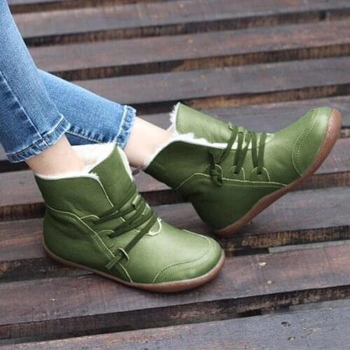 Women PU Leather Warm Ankle Boots Women Winter Boots Cross Strappy Vintage Women Punk Boots Flat Ladies Shoes Woman Botas Mujer