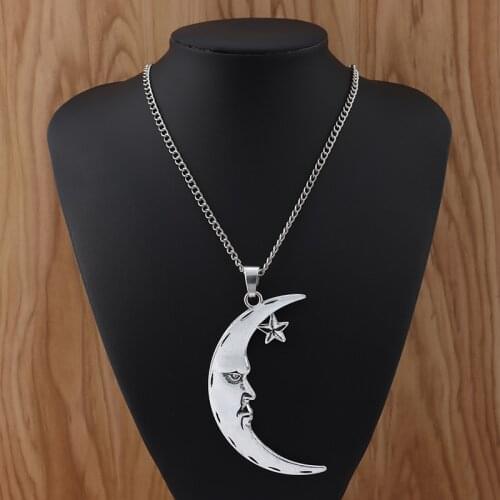 1Pieces Large Statement Abstract Crescent Moon & Star Pendant on Long Curb Chain Necklace Lagenlook 34 inches