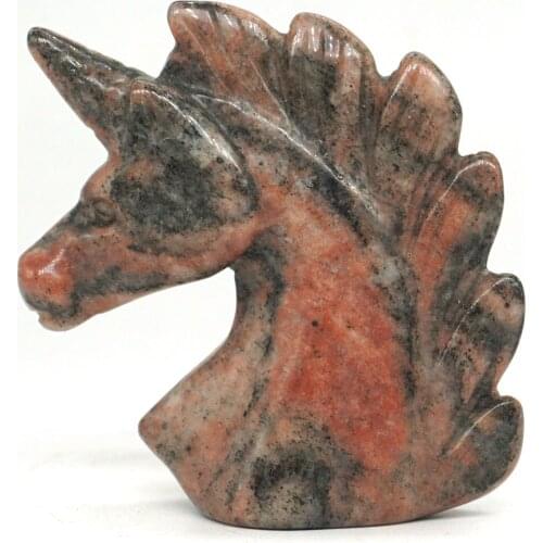 Unicorn Head Skull Figurine Natural Red Zebra Jasper Healing Energy Animal Carved Crystal Statue Gemstone Home decor 2"