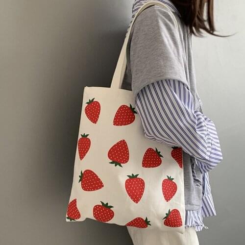 Women Canvas Shoulder Bags Fruit Strawberry Printing Shopping Bags Eco Reusable Handbag Tote Students Schoolbags
