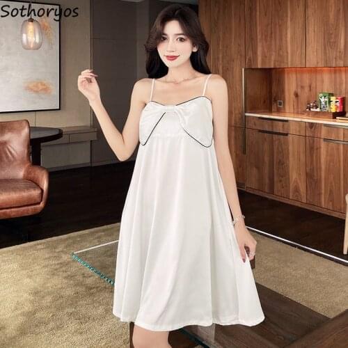 Summer Nightgowns Women Loose Solid Bow Sexy Temperament Spaghetti Strap Sleepshirts Ulzzang Fashion Cozy Females Lounge Popular