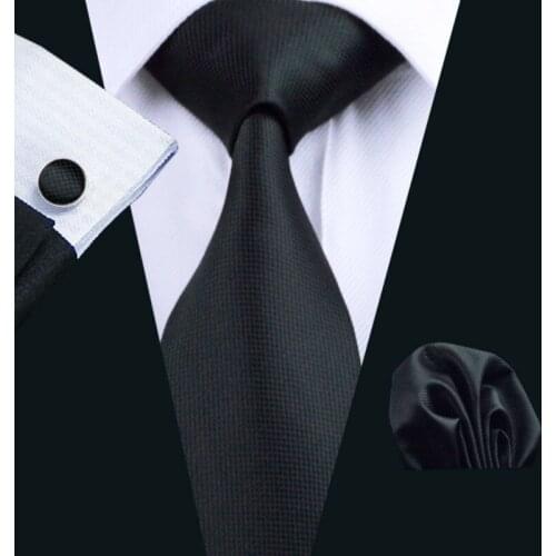 LS-251 Men`s Tie Black Solid 100% Silk Jacquard Woven Tie Hanky Cufflink Set For Men Formal Wedding Party Business Free Postage