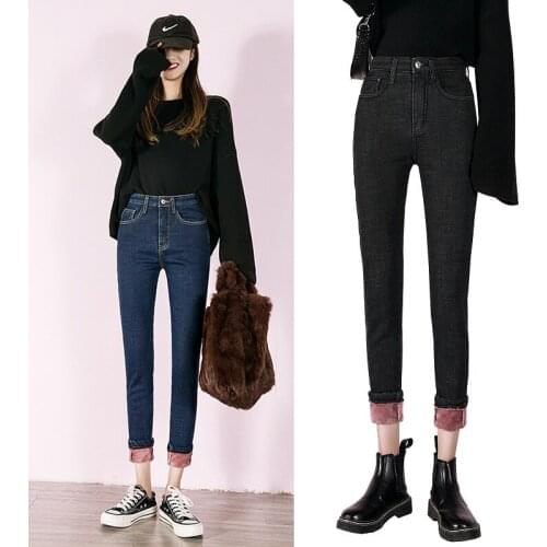 Skinny jeans simple stretch plus wool felt womens high-quality denim pencil pants winter thick womens warmth